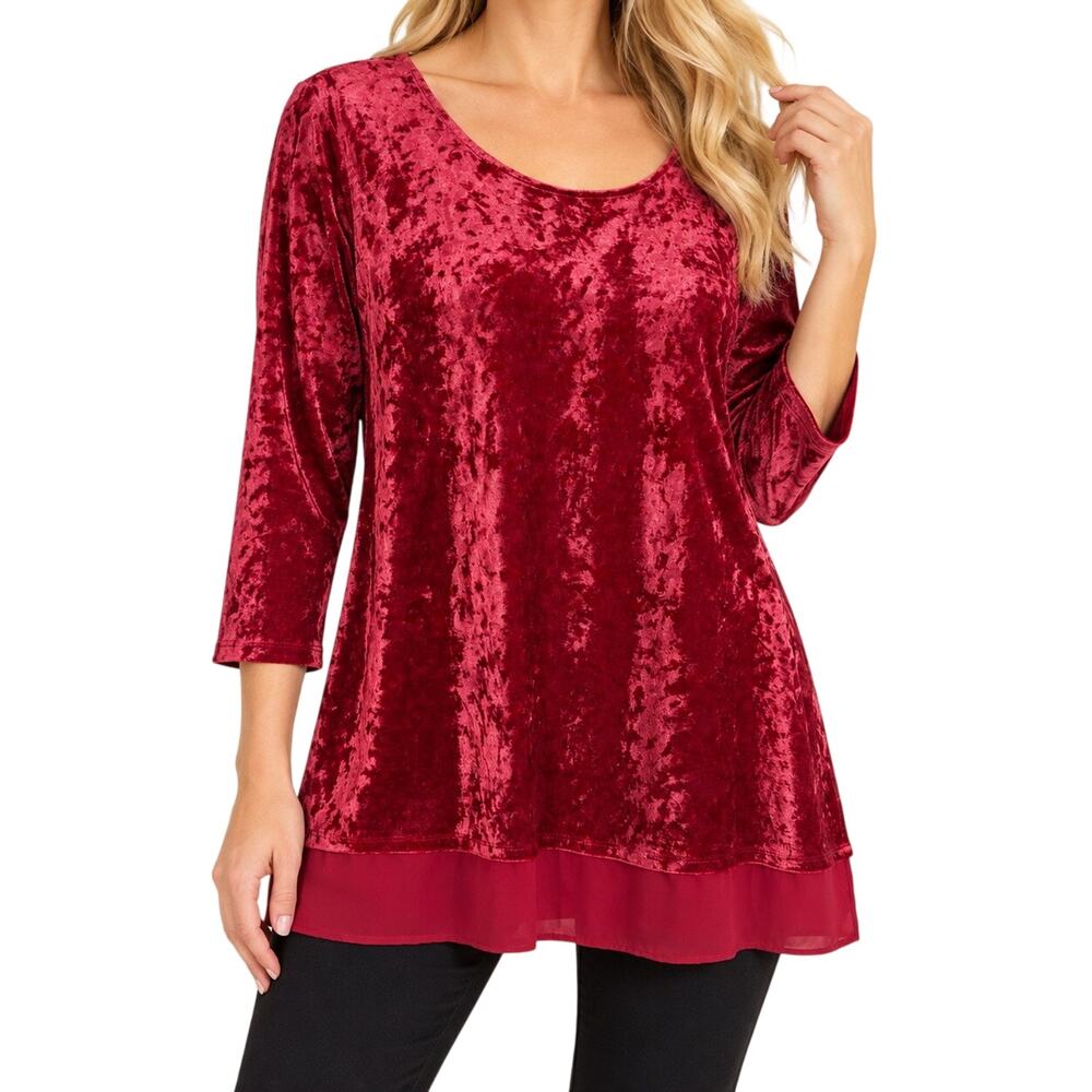 Coldwater Creek Sz Large Red Crushed Velvet Blouse Shirt Top Christmas Holiday
